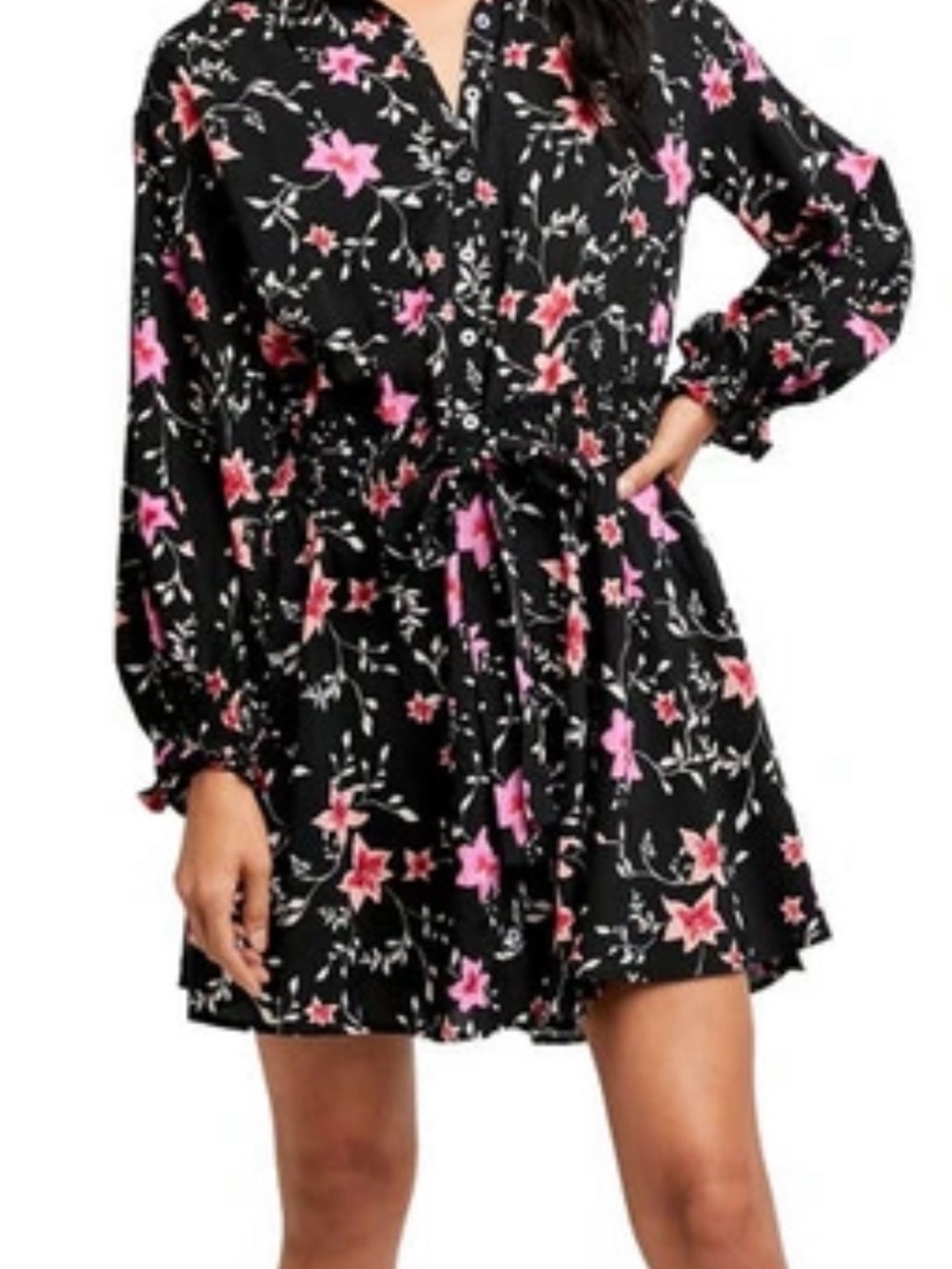 Free People Black Mini Dress with Pink Floral Print